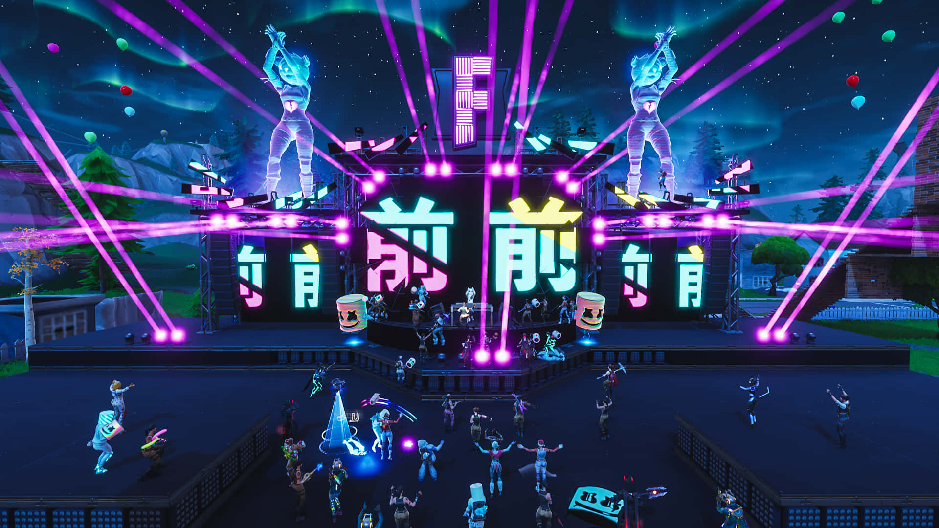 Fortnite音樂會，舞台閃爍，角色在紫色激光下跳舞。