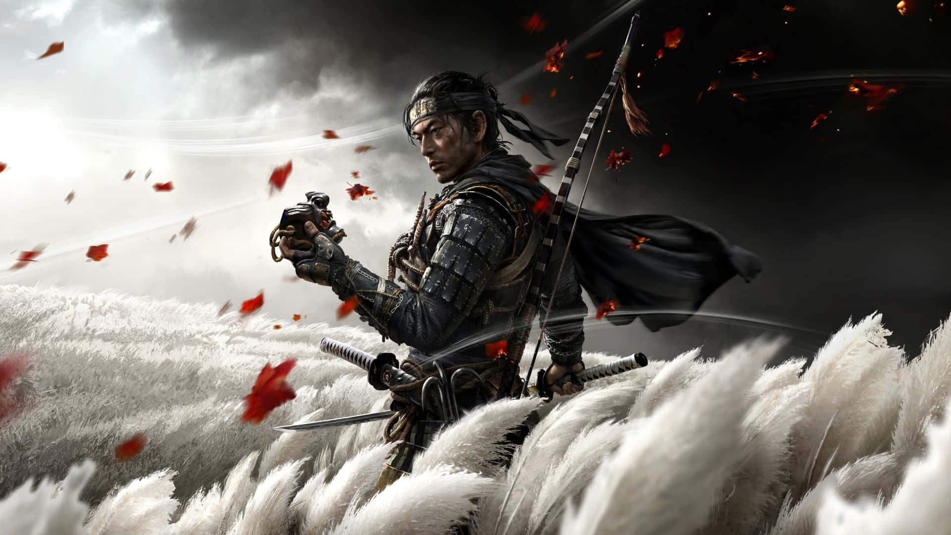 釋放你的遊戲魂 壁紙 — 一位武士戰士站在白雪覆蓋的山峰上，手持火器，紅色楓葉在暴風雨的天空中旋轉。