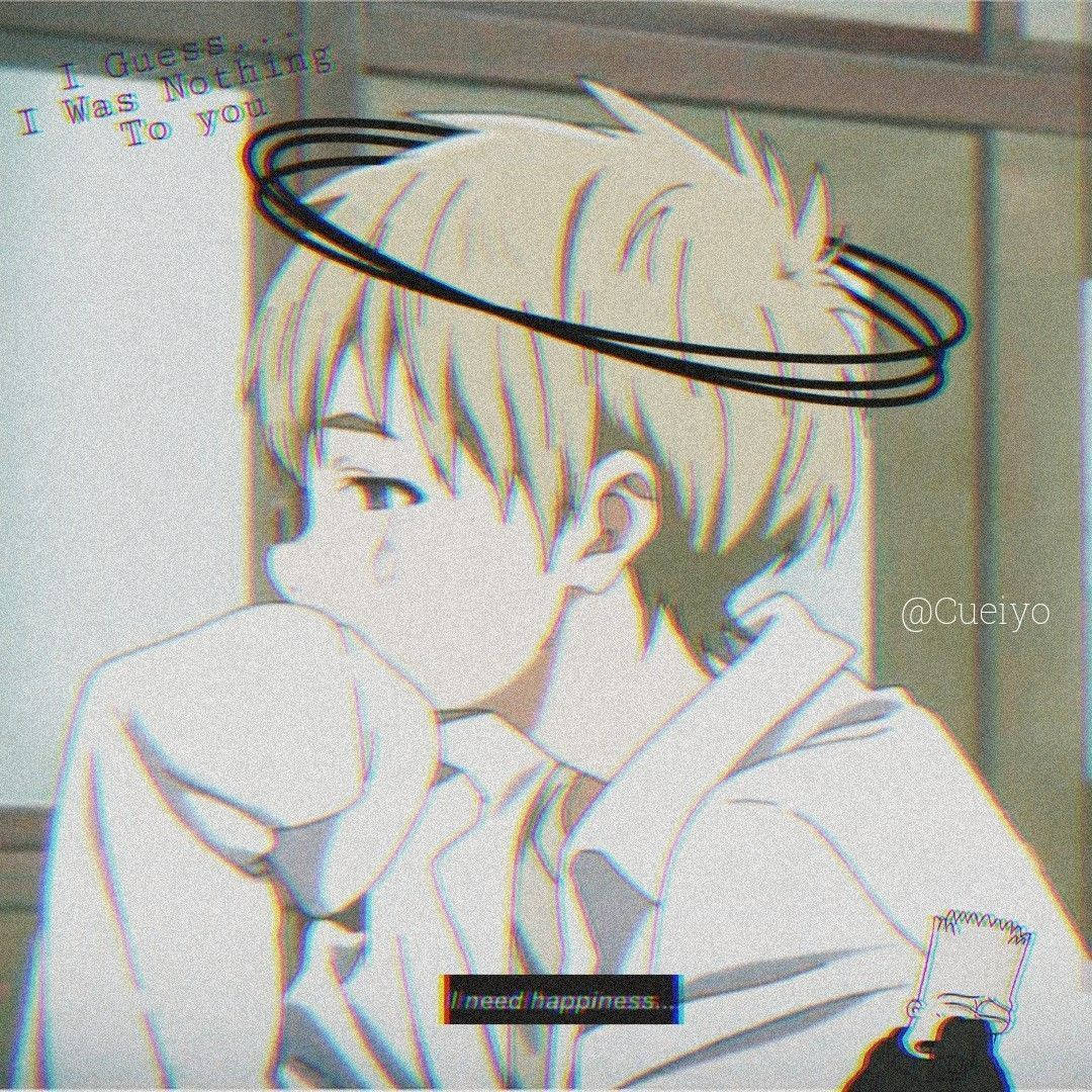 動漫男孩帶有光環和淚水，穿著白色連帽衫，文字疊加顯示情感詞語。