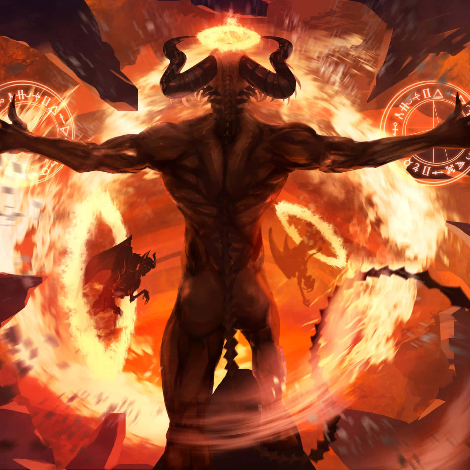 一個有角和符文的惡魔形象被火焰包圍。