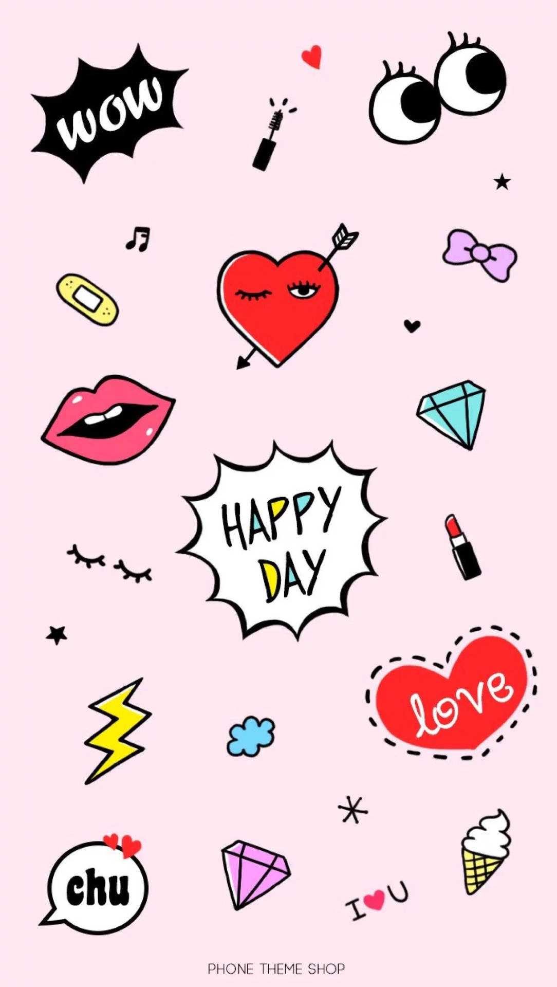 粉紅色背景，帶有卡通心形、嘴唇和流行文化圖標（如「WOW」和「HAPPY DAY」），採用漫畫風格。