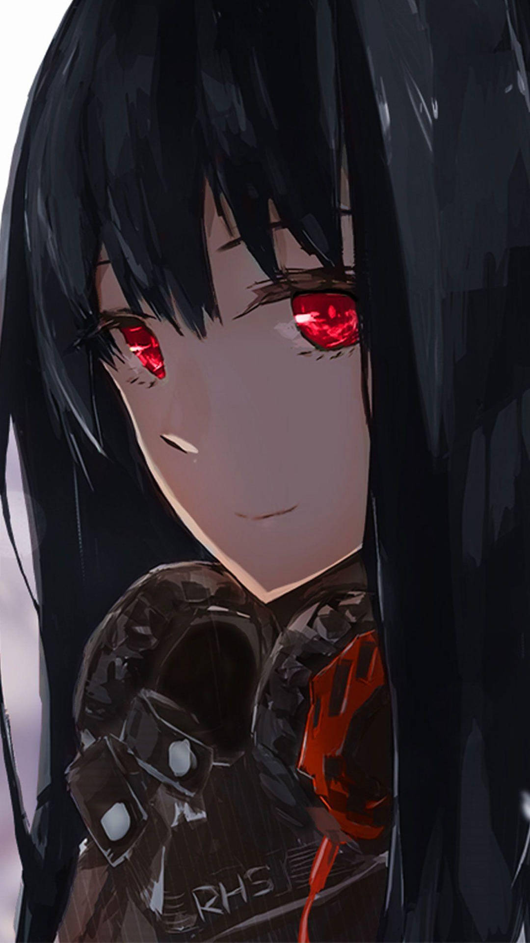 黑髮紅眼、眼睛發光的動漫少女，身穿深色盔甲。