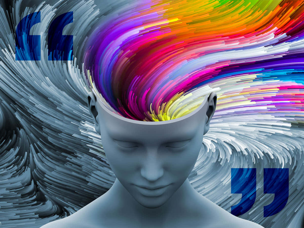 釋放內在的創意 壁紙 — 一個平靜閉上眼睛的人類頭部，頂部爆發出充滿活力的彩虹色漩渦，如同創意能量。