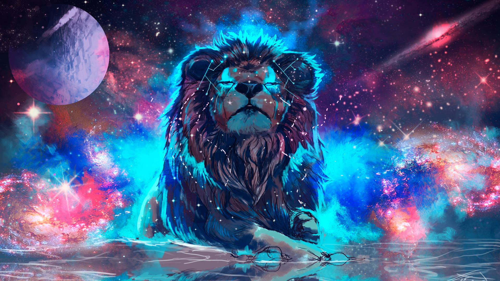 一頭擁有星點皮毛的獅子，坐在色彩繽紛的宇宙景觀中，有星系和星星。