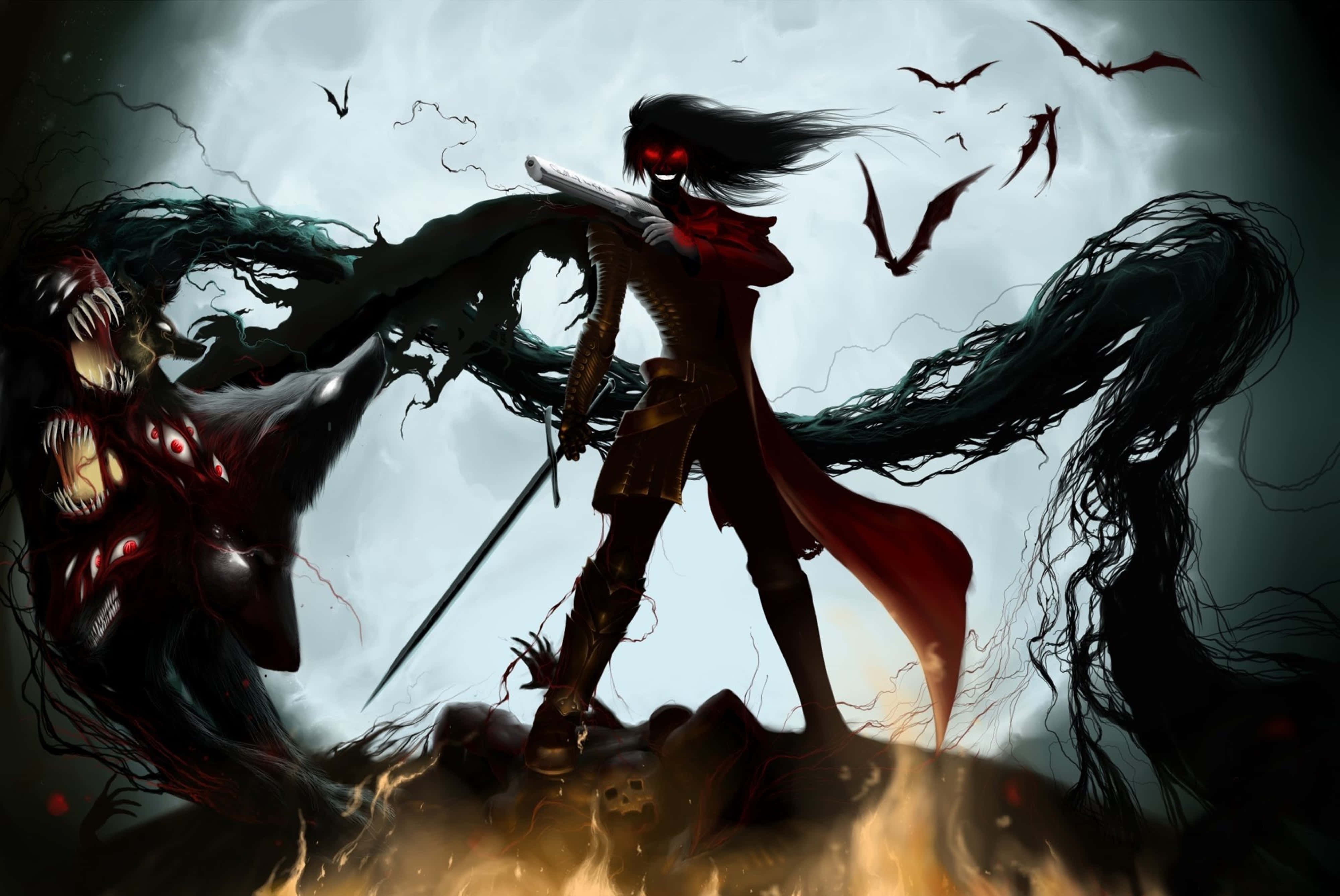 釋放力量 —《Hellsing Ultimate》4K 解析度 壁紙 — 一位黑暗奇幻戰士，擁有發光的紅色眼睛和飄逸的黑髮，在旋轉的陰影和飛翔的蝙蝠中揮劍對抗一個怪物般的生物。
