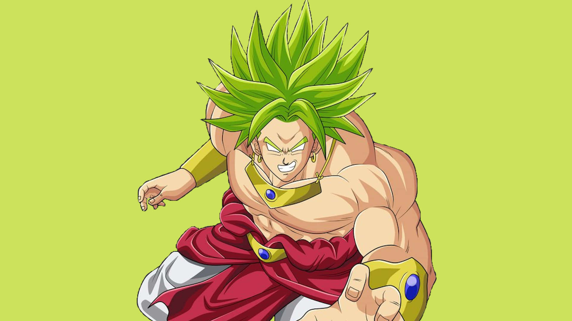 動漫角色布羅利（Broly）以綠色頭髮和紅色斗篷擺出戰鬥姿勢。