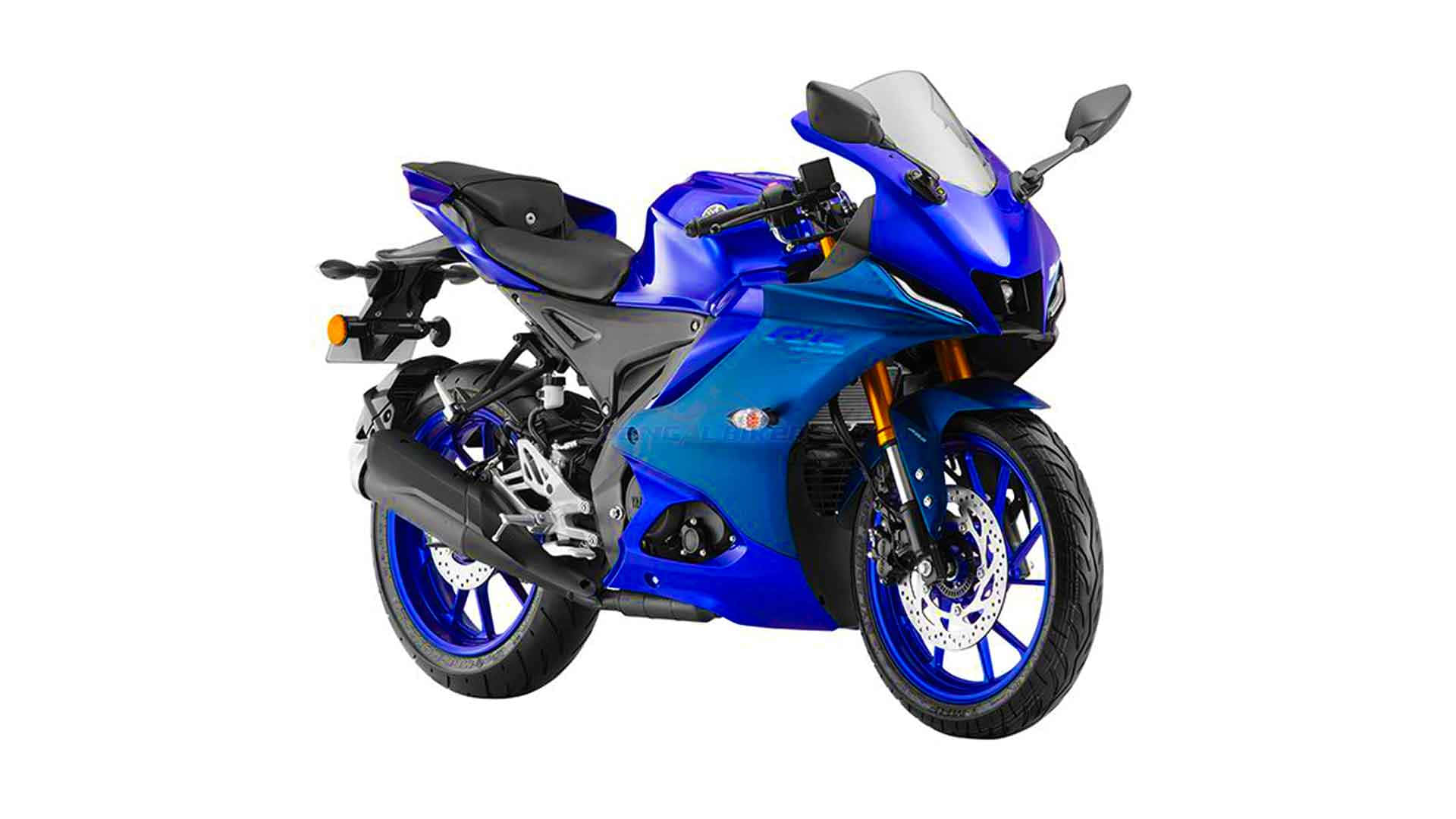 釋放您的動力 — Yamaha R15 壁紙 — 一架時尚的藍色運動電單車，配以橙色前叉和黑色飾件，在白色背景上孤立展示。