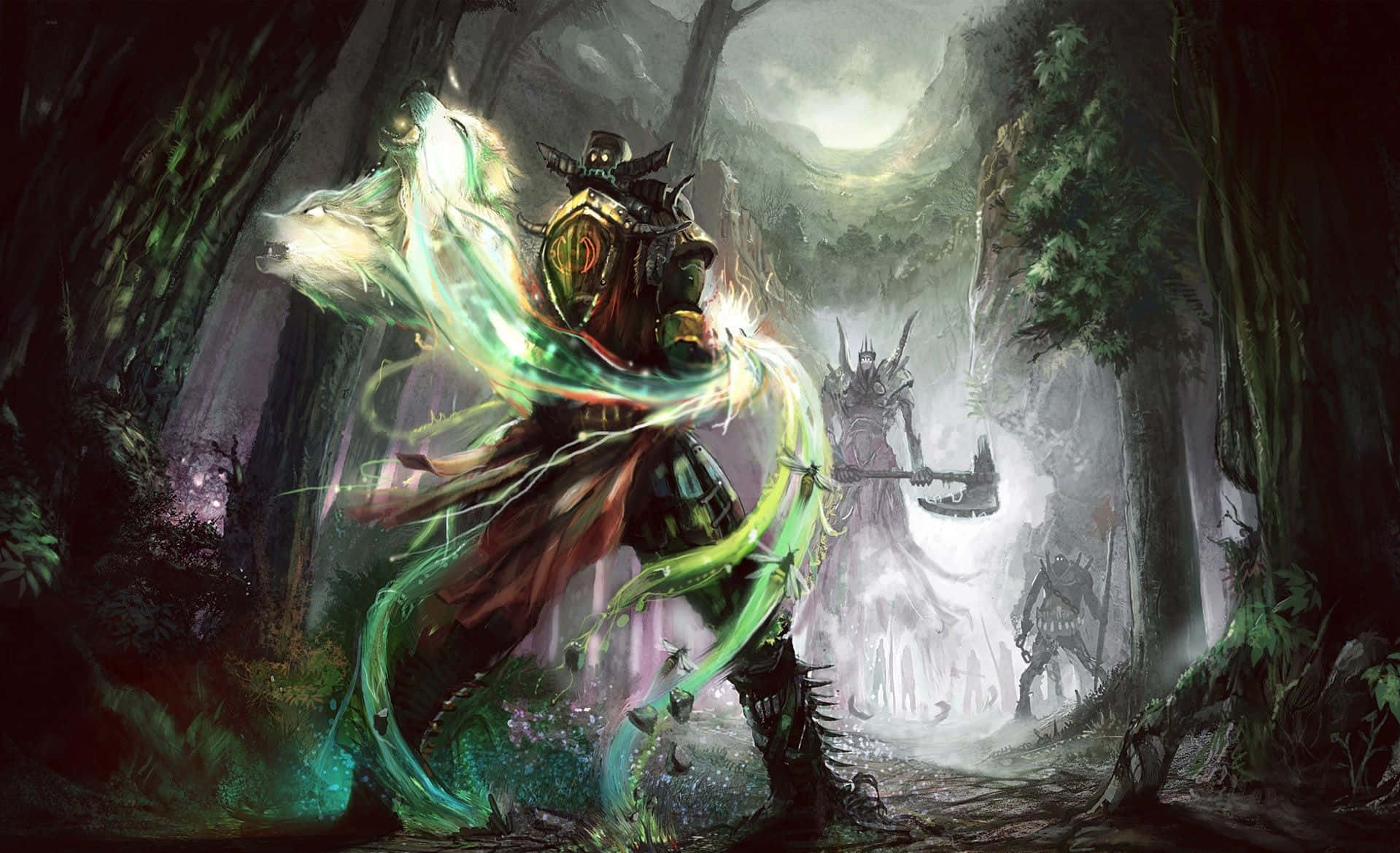 奇幻戰士與發光的狼在迷霧森林中面對陰影敵人。