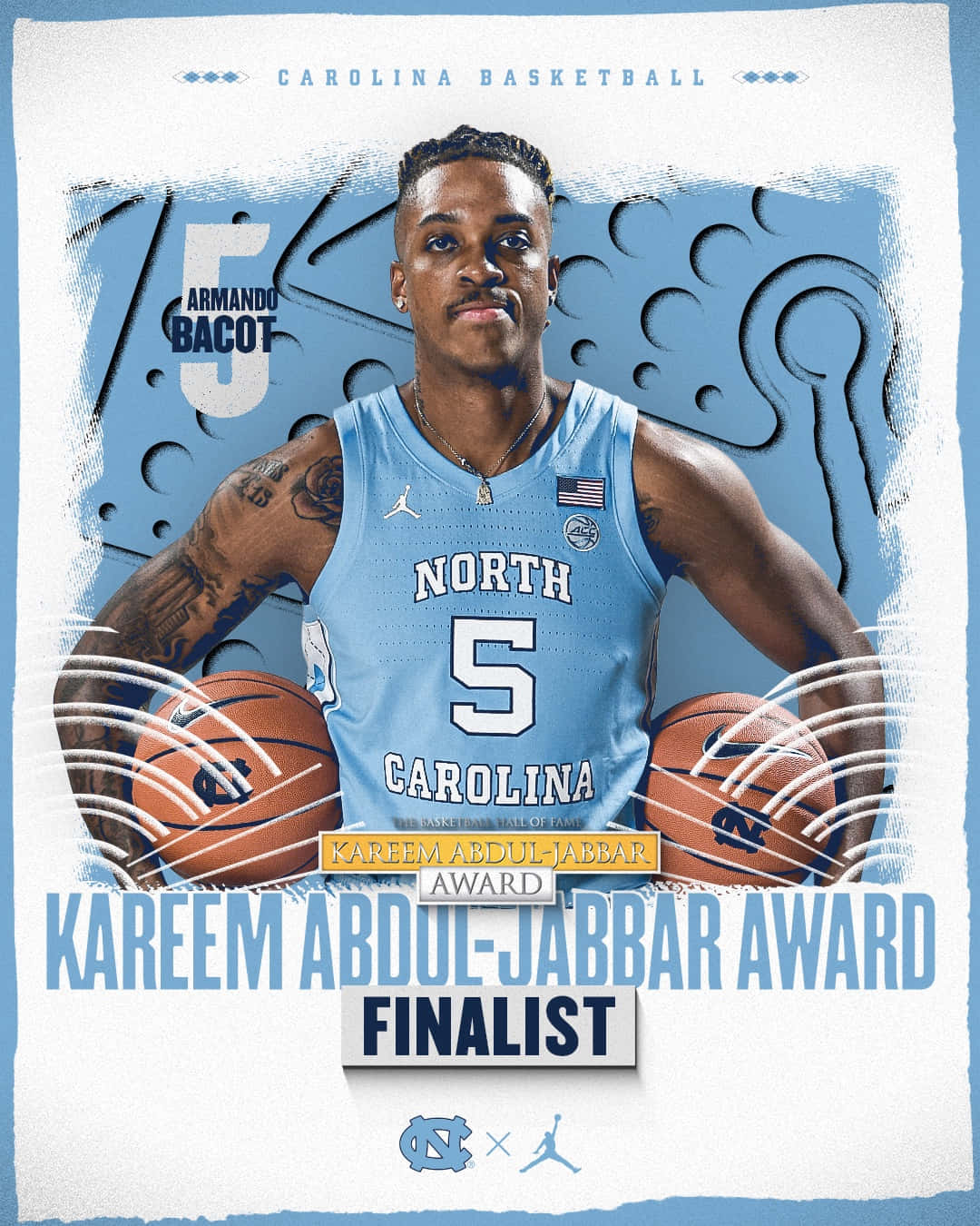 釋放旋風灌籃 壁紙 — 運動型籃球運動員 Armando Bacot 身穿北卡羅來納州球衣，手持兩個籃球，附有獎項決賽入圍者文字和動態圖形元素。
