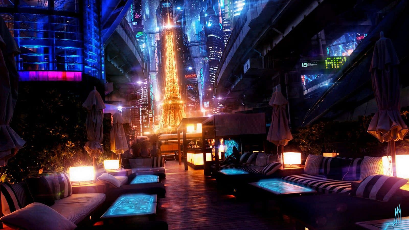 釋放未來，迎接更美好的明天 壁紙 — 霓虹燈照亮嘅未來城市夜景，有發光嘅摩天大樓同遠處嘅發光塔。