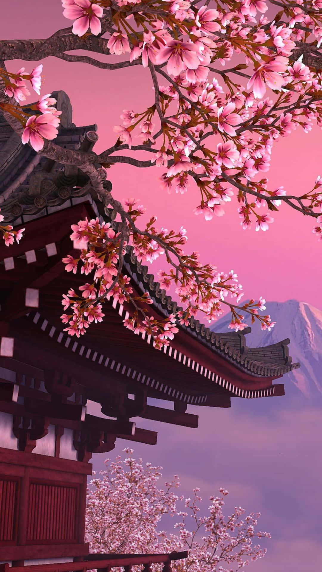 釋放櫻花PC的強大性能 壁紙 — 粉紅色的櫻花如瀑布般落在傳統日本寺廟的屋頂上，映襯著柔和的粉紅色天空和遠處的雪山。