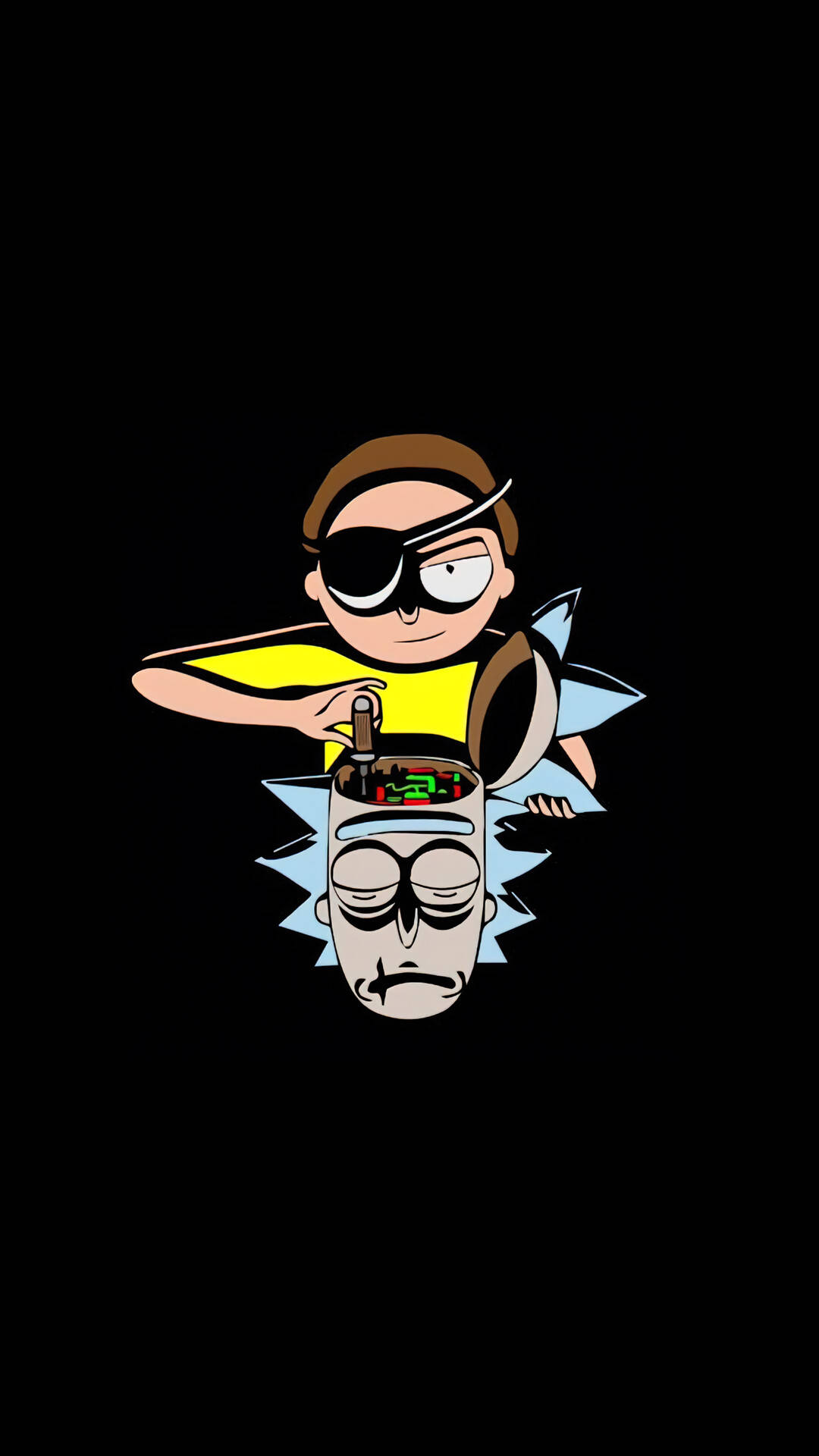 戴眼罩的卡通角色將刀舉在Rick頭頂。