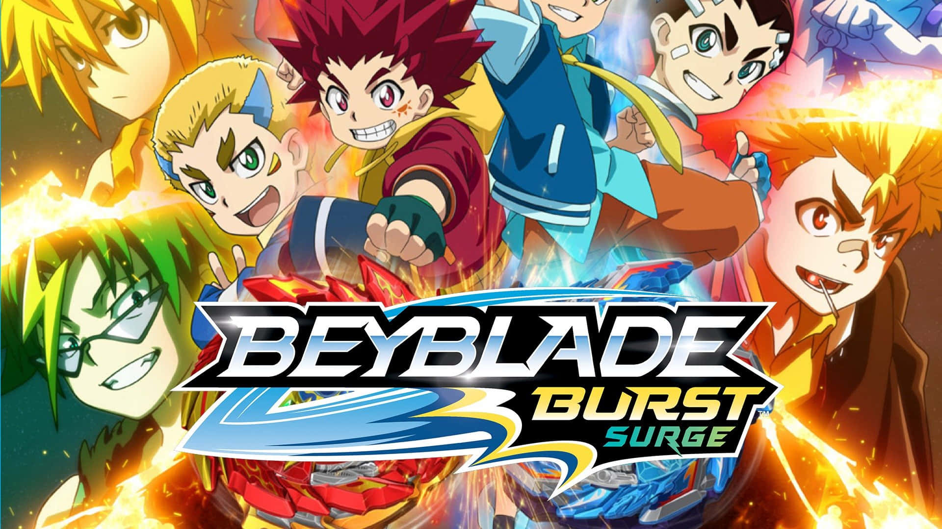 動漫角色以戰鬥姿勢與 Beyblade 和火熱的能量效果。