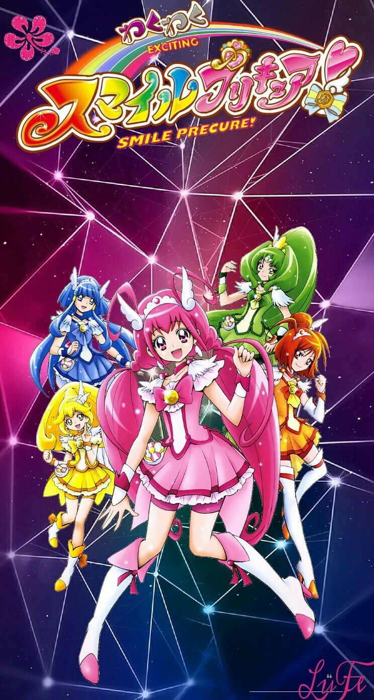 五個動漫女英雄穿著色彩繽紛的魔法服裝，背景是星光燦爛的宇宙。