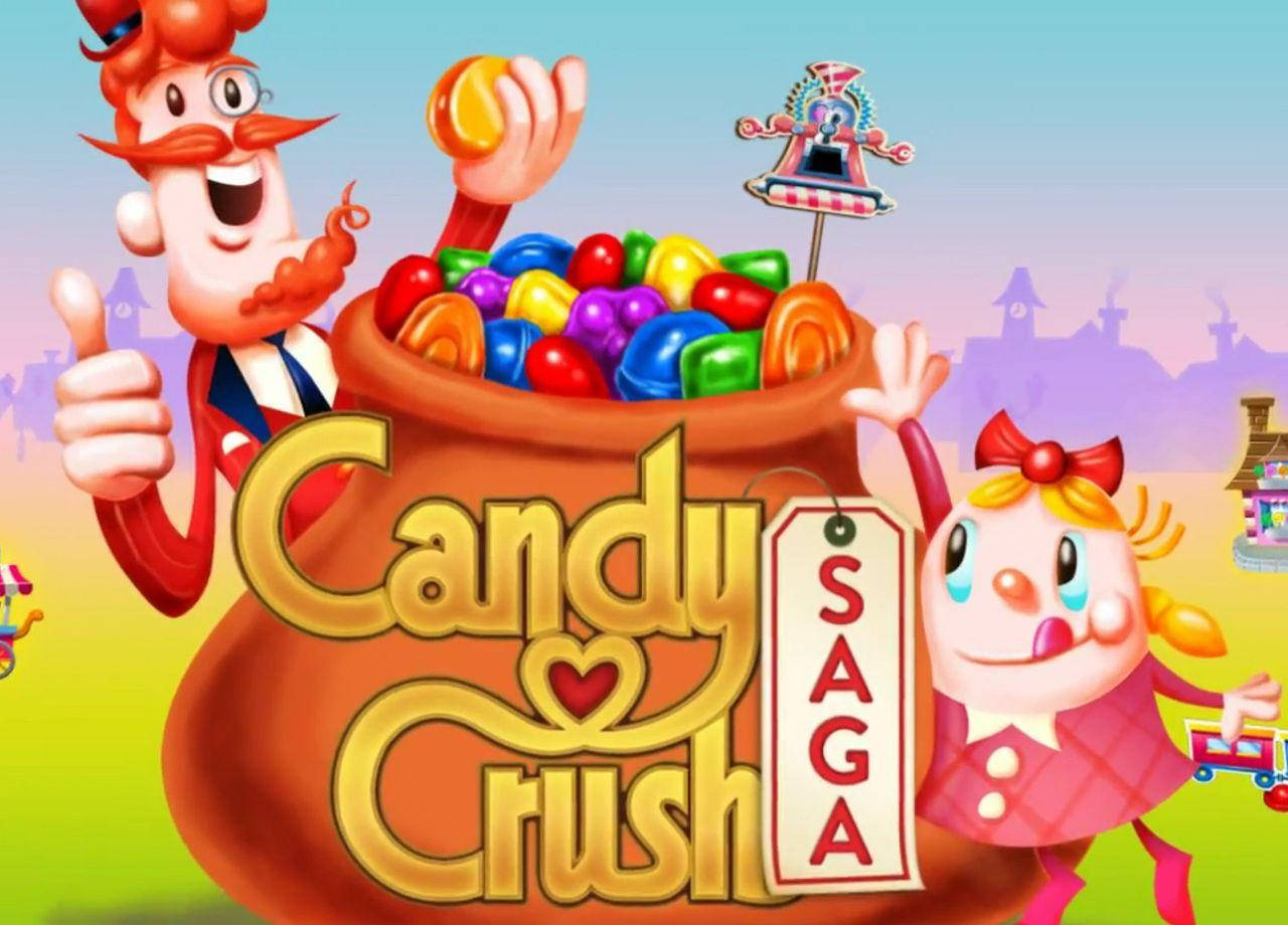 Candy Crush Saga 遊戲標誌，帶有卡通人物和糖果罐。