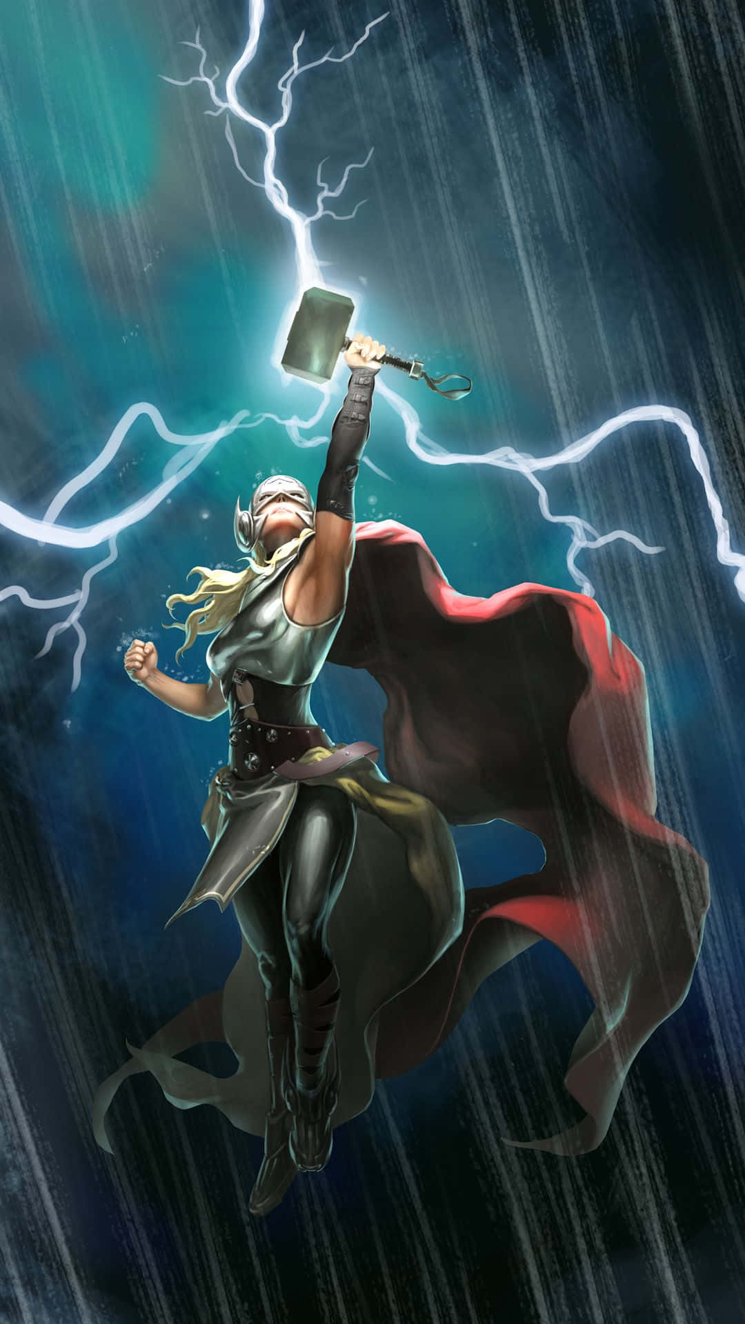 女性雷神飛過暴風雨，揮舞著她的錘子並召喚閃電。