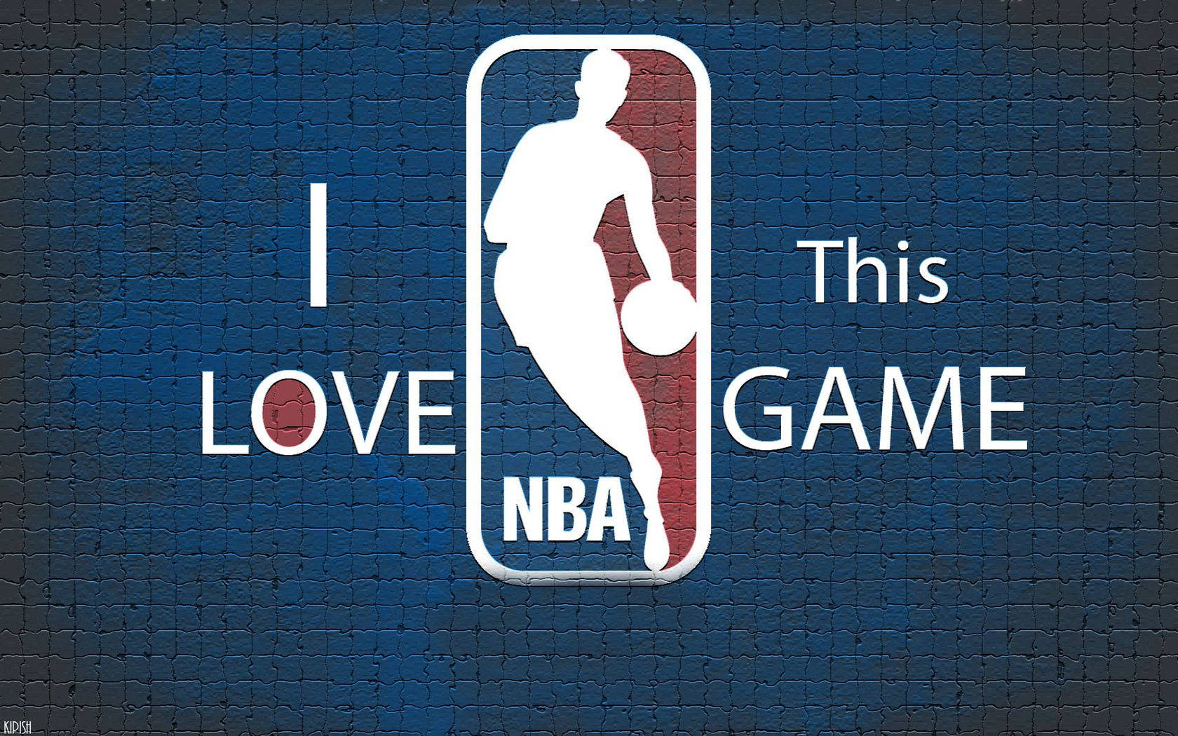 NBA標誌，籃球運動員剪影和文字 i love this game 在磚牆上。 — 籃球 壁紙