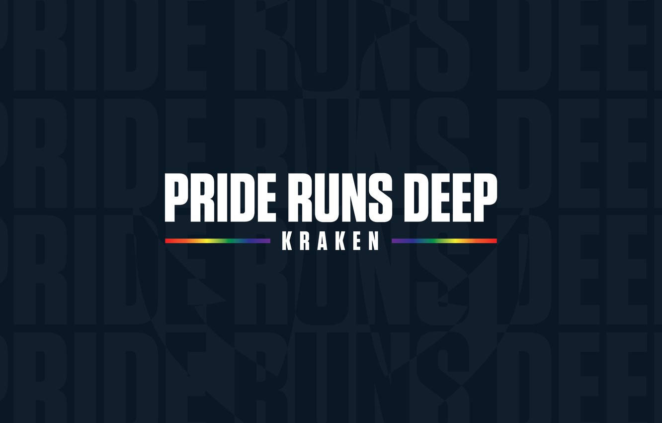 Pride runs deep Kraken 標誌搭配彩虹條紋，深藍色重複背景。