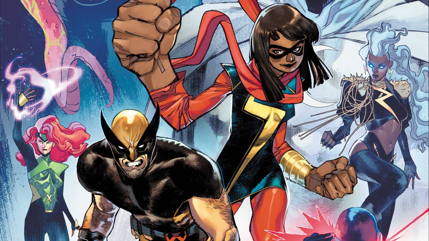 釋放超能力：Ms Marvel 與漫威角色 壁紙 — 充滿活力的漫畫英雄穿著鮮豔服裝，在帶有能量效果的宇宙背景下英勇地擺出姿勢。