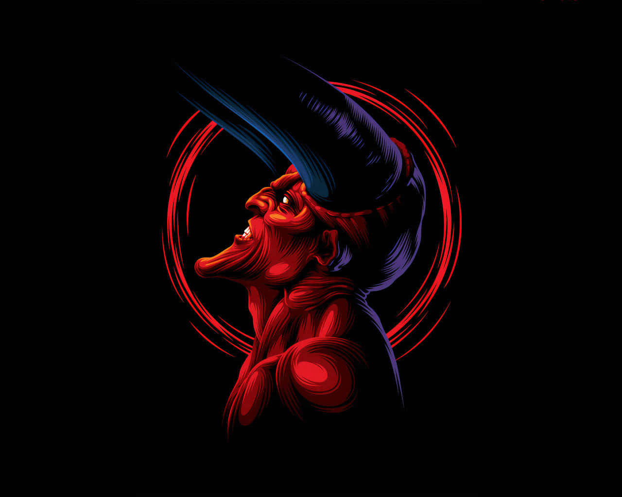 釋放邪惡之力 壁紙 — 一個風格化的紅色魔鬼，有角和寬闊的笑容，被旋轉的紅色和藍色環框在黑色背景上。