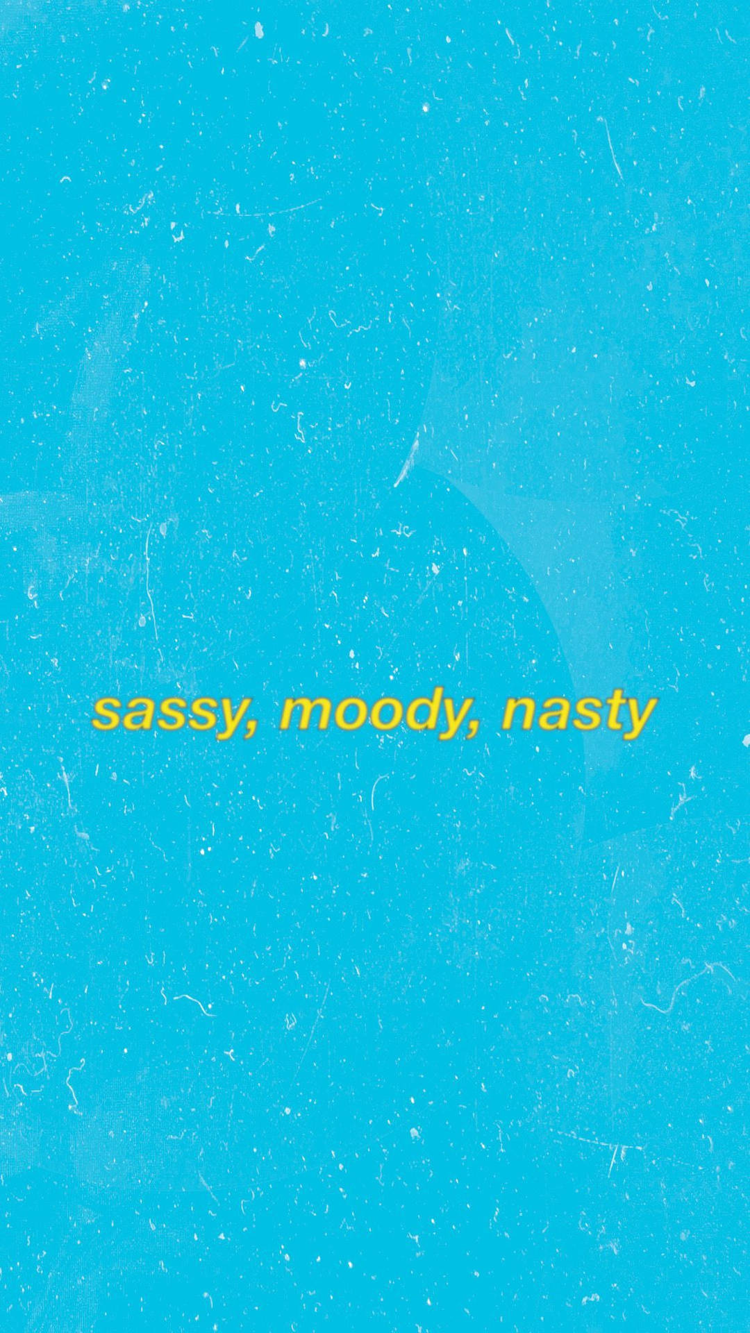 青色紋理背景，帶有黃色文字寫著 sassy moody nasty