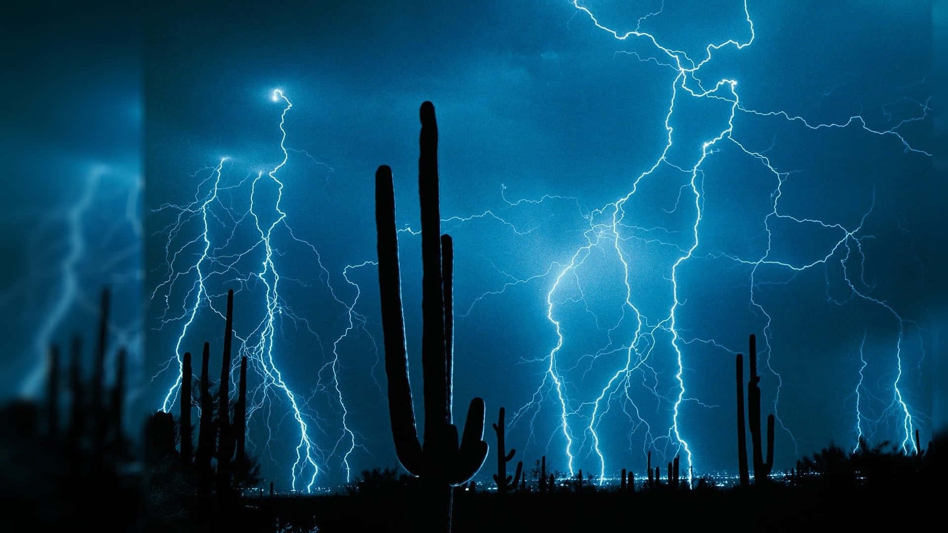 釋放閃電的力量 壁紙 — 剪影般的薩瓜羅仙人掌在風暴沙漠天空中鮮明的藍色閃電襯托下顯得格外突出。
