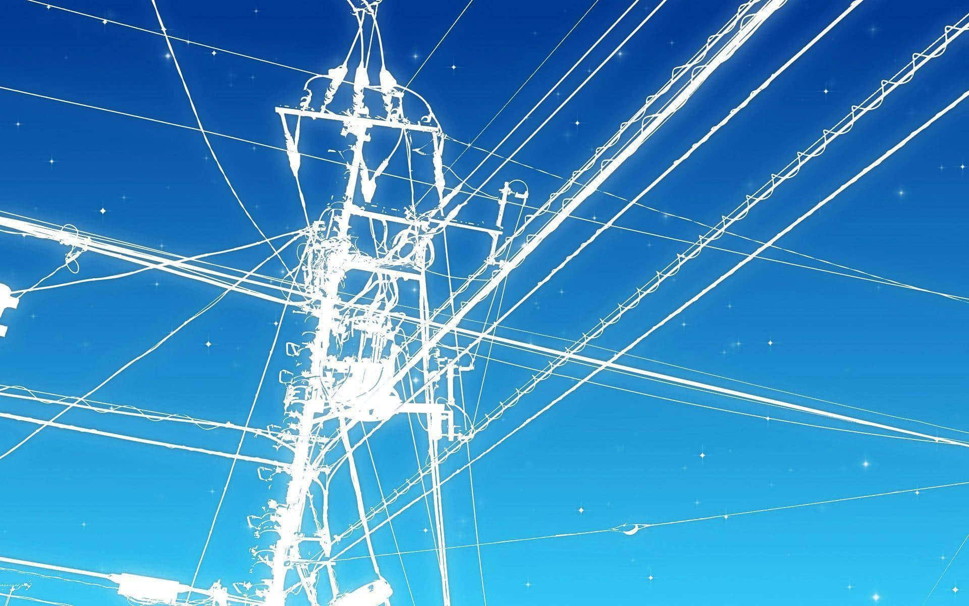 白色輸電塔和電線在星空藍天下。