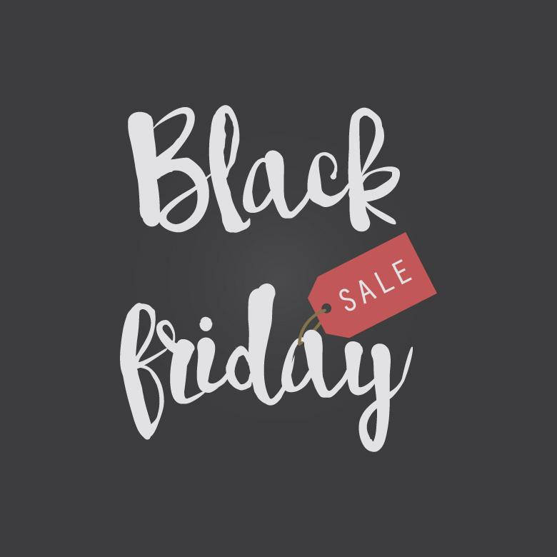 深灰色背景上帶有紅色標籤的 Black Friday 促銷圖形。