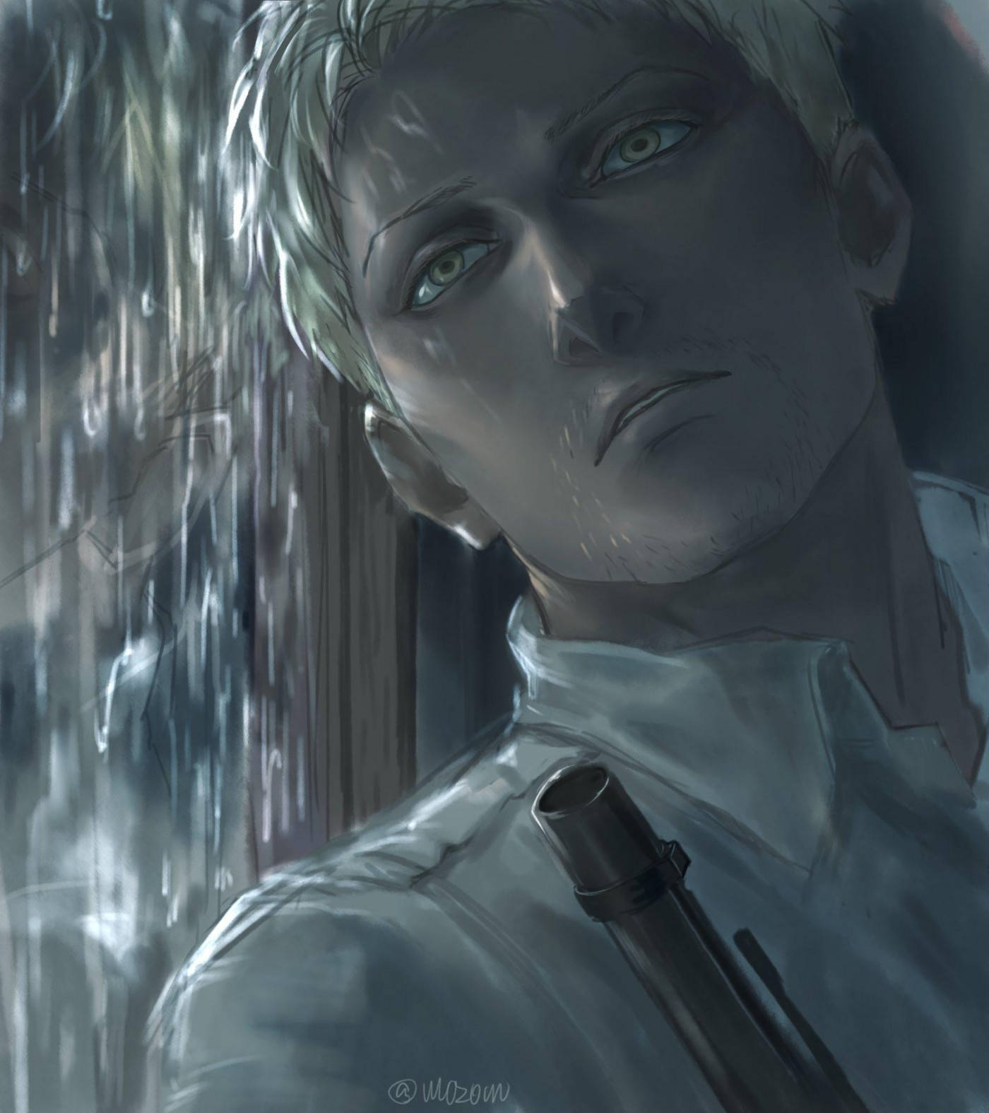 一個認真的動漫男人，濕髮和綠色的眼睛，在雨中向上看。
