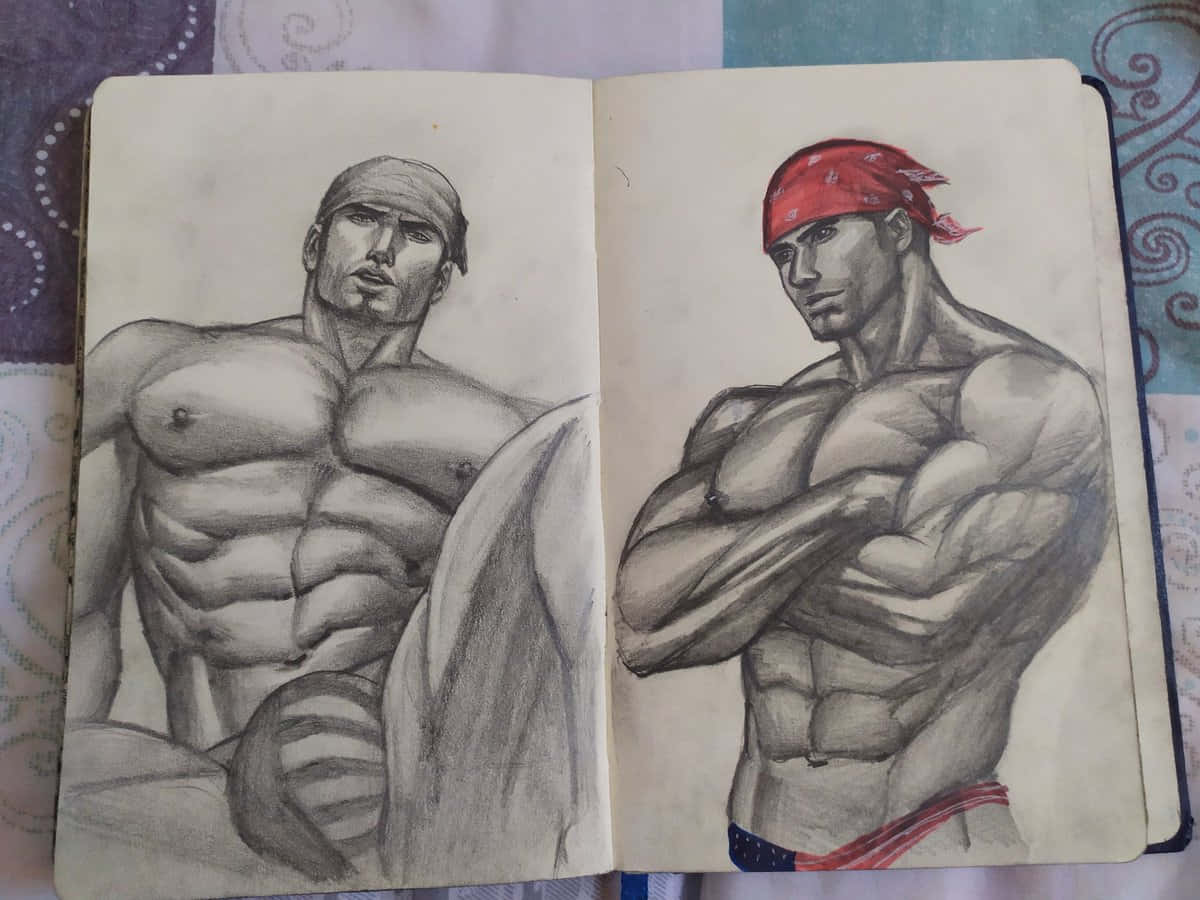 兩個肌肉發達的男人用鉛筆素描繪製，一個戴紅色頭巾和美國國旗短褲，另一個戴頭帶，兩者都在素描本中。