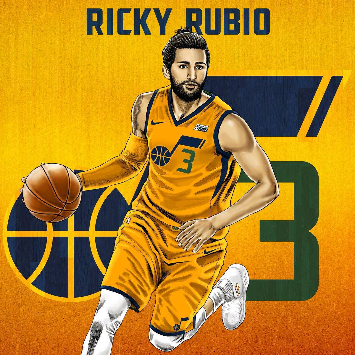 里基·魯比奧數位繪畫 壁紙 — 插圖中的籃球運動員Ricky Rubio身穿黃色球衣，在鮮明的黃藍背景下運球。