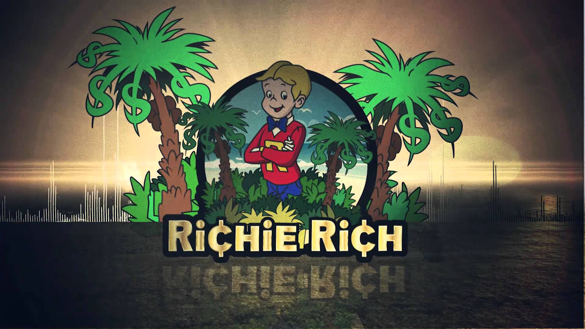 Richie Rich 卡通角色在熱帶環境中，有美元符號棕櫚樹和日落倒影。