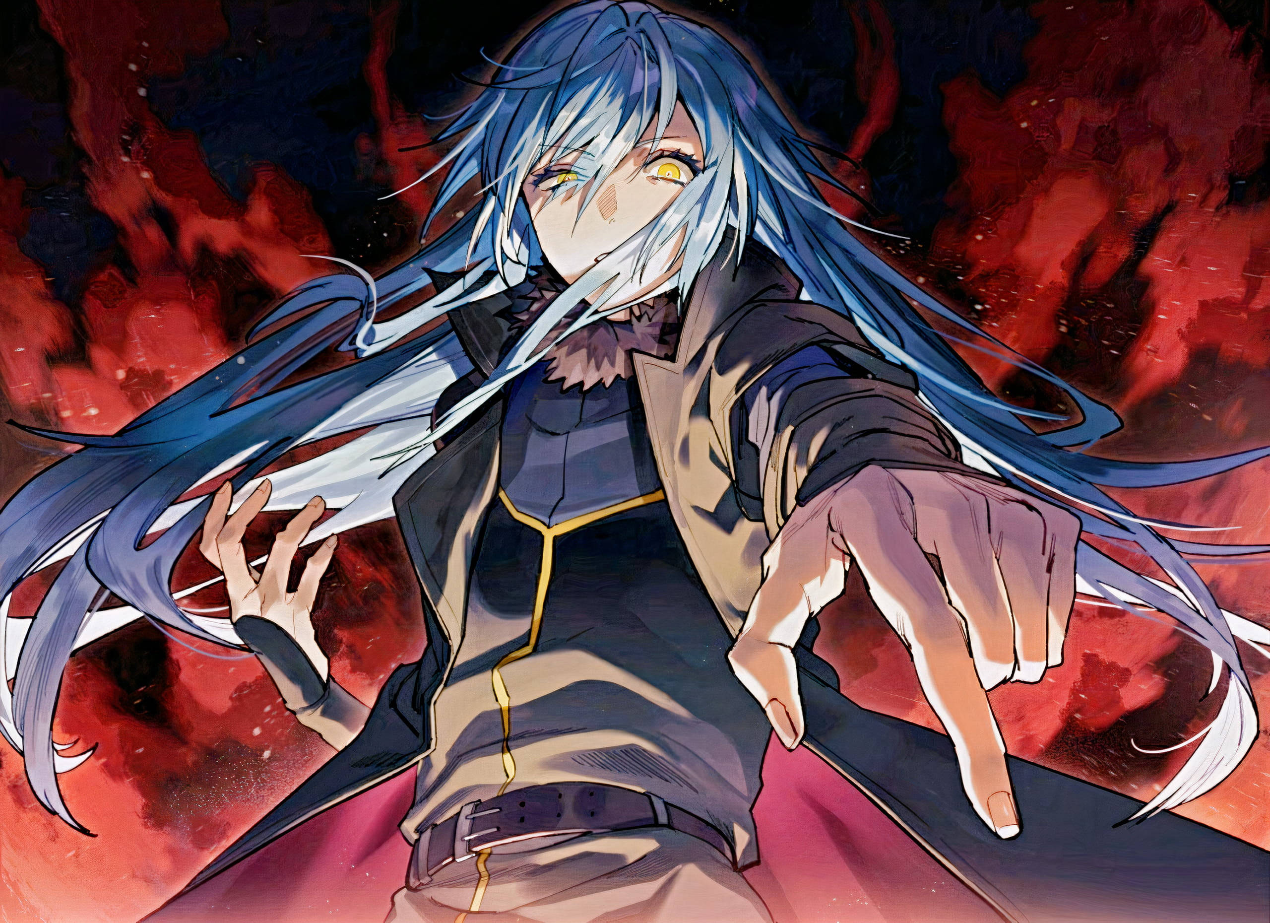 里姆魯·坦派斯特魔王形態 壁紙 — 一個藍髮、黃色發光眼睛的動漫角色，在熾熱的紅黑宇宙背景前伸手向前。