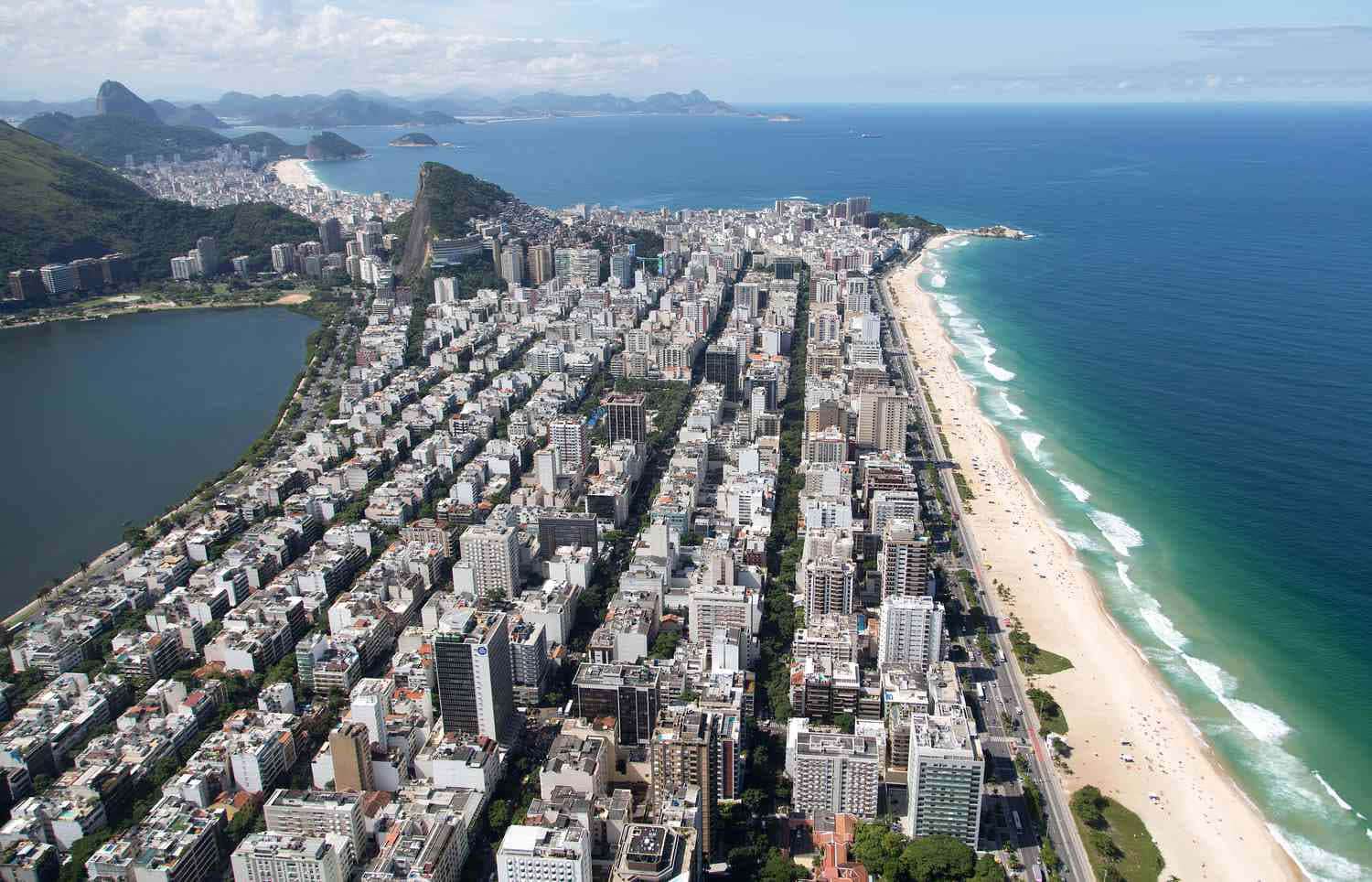 Brazilian Beach 桌布 壁紙 — 里約熱內盧密集的城市擴張擁抱著充滿活力的綠松石海岸線，遠方是標誌性的糖麵包山的航拍視圖。