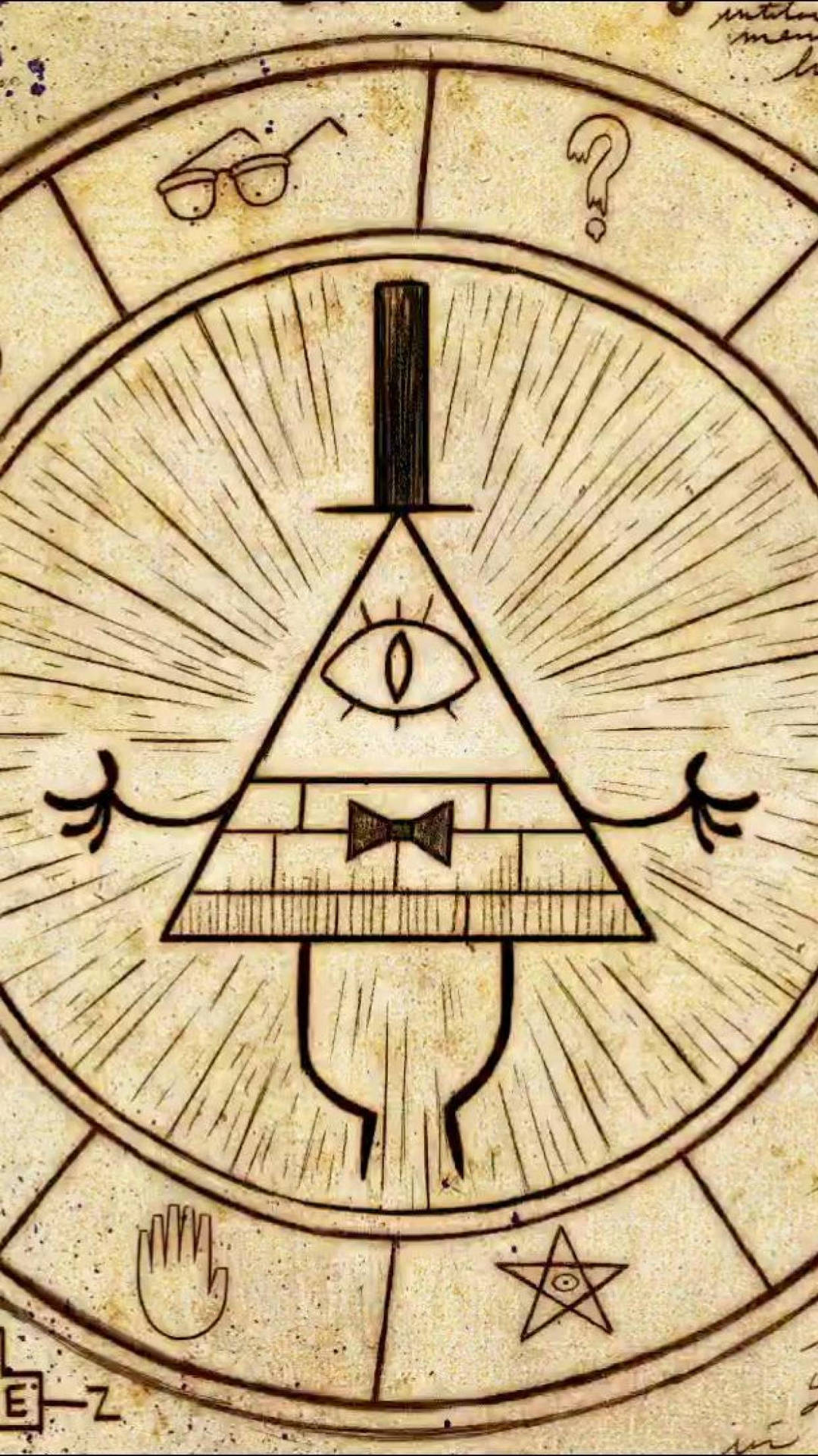 Bill Cipher 卡通角色張開雙臂，周圍有神秘符號。