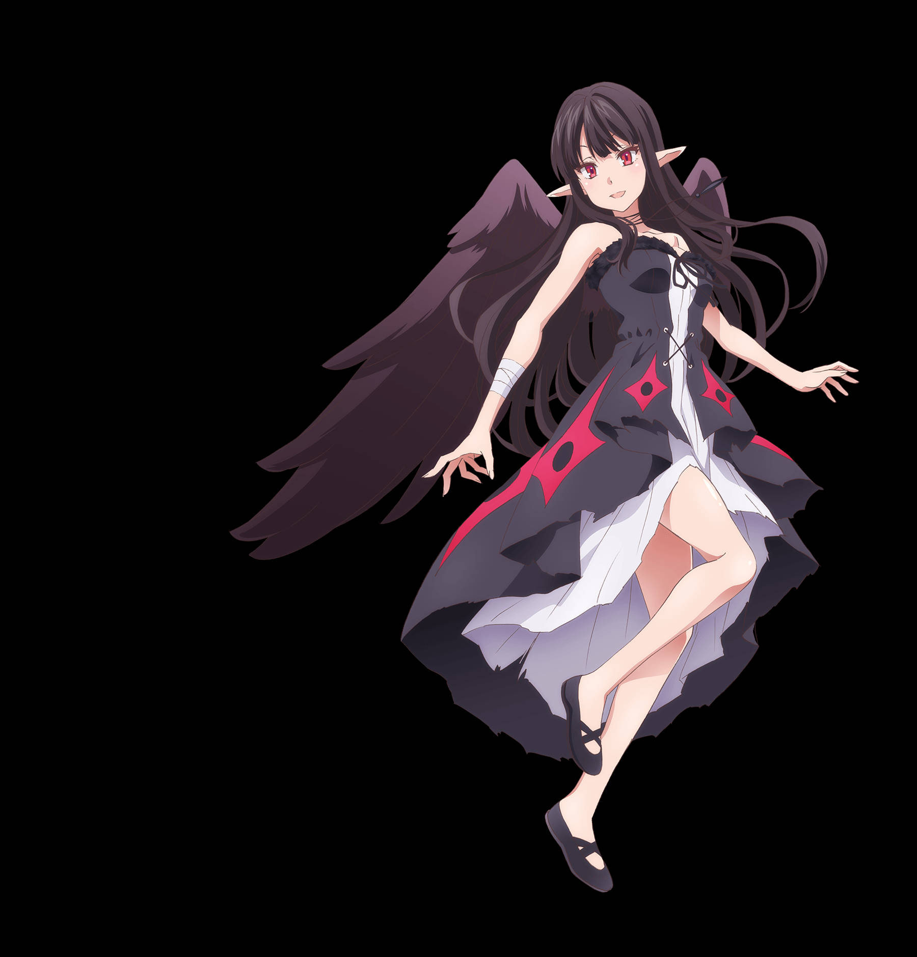 《重啟療癒師》伊芙·瑞斯 壁紙 — 一個擁有黑色翅膀和紅色眼睛的動漫女孩，穿著帶有紅色點綴的黑白連衣裙，在純黑色背景上優雅地漂浮。