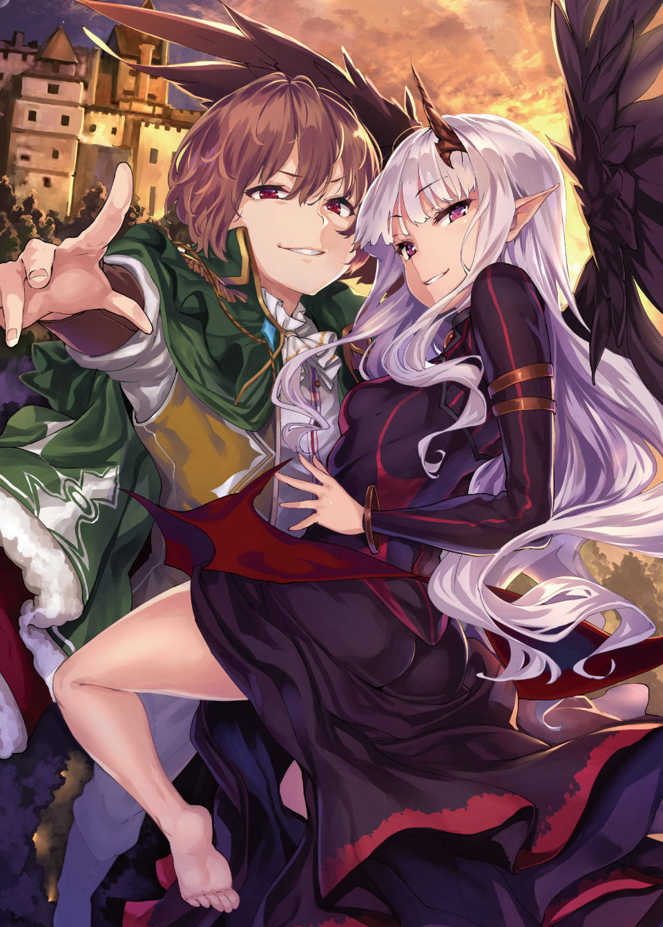 《重啟療癒師》凱亞魯與伊芙 壁紙 — 兩個有角和翅膀的動漫角色在日落時分以城堡為背景俏皮地擺姿勢。