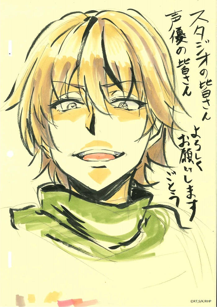 《重啟療癒師》凱亞魯草圖 壁紙 — 一個草圖風格嘅動漫角色，有亂糟糟嘅金色頭髮同綠色圍巾，喺淡黃色背景上溫暖咁微笑。