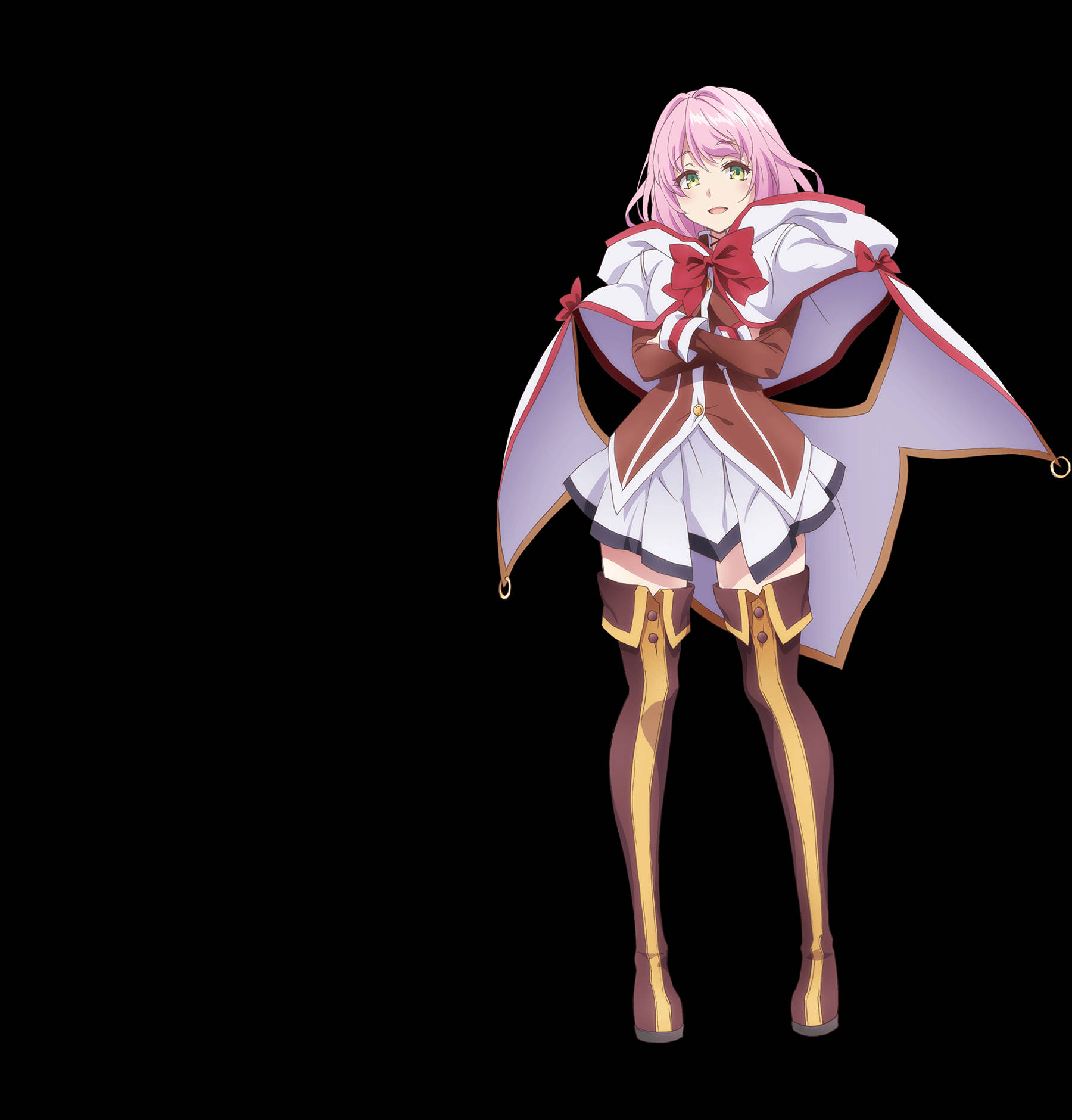 《重啟療癒師》諾恩·白底 壁紙 — 一位粉紅色頭髮的動漫女孩，穿著白色和紅色的斗篷服裝，自信地站在黑色背景前。