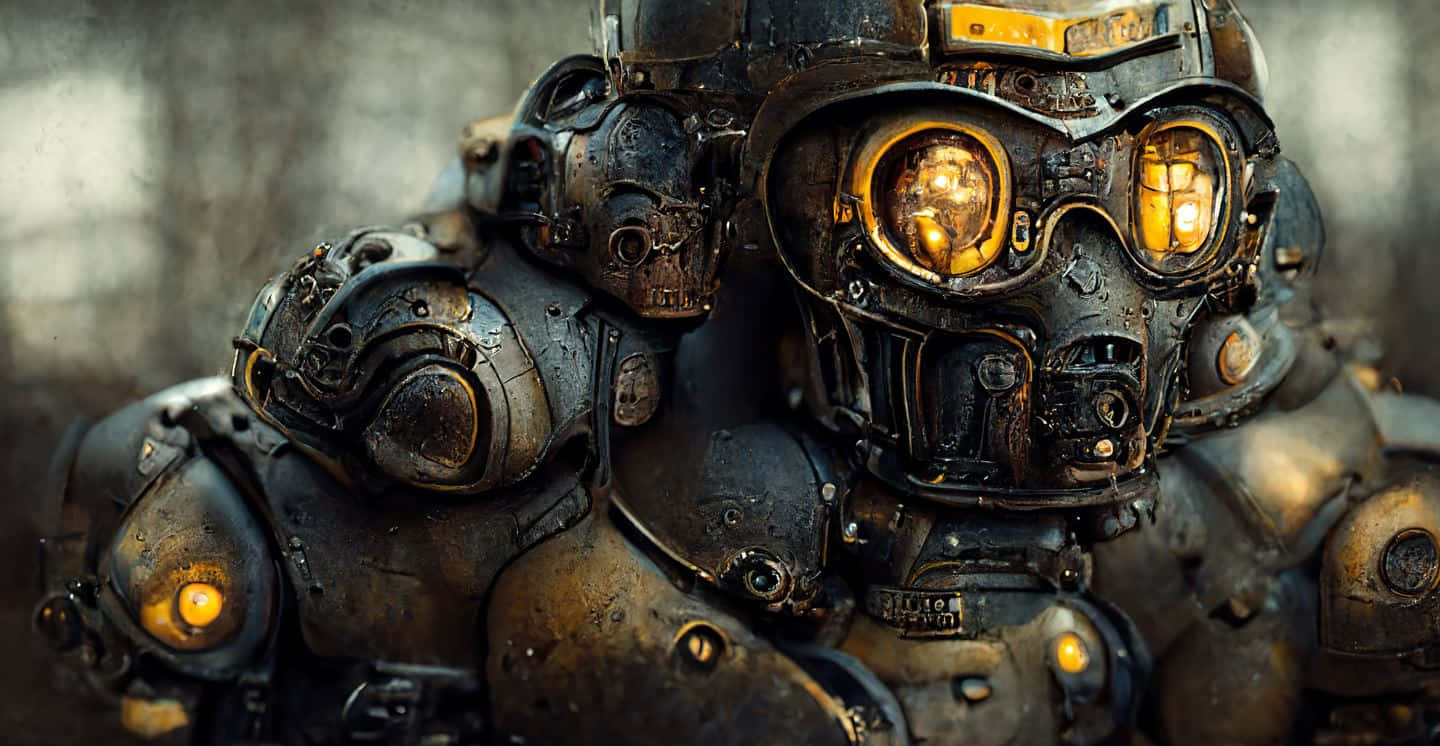 Fallout 4 Power Armor 桌布 壁紙 — 重型裝甲機械人的特寫，帶有發光的琥珀色眼睛和風化的金屬板。