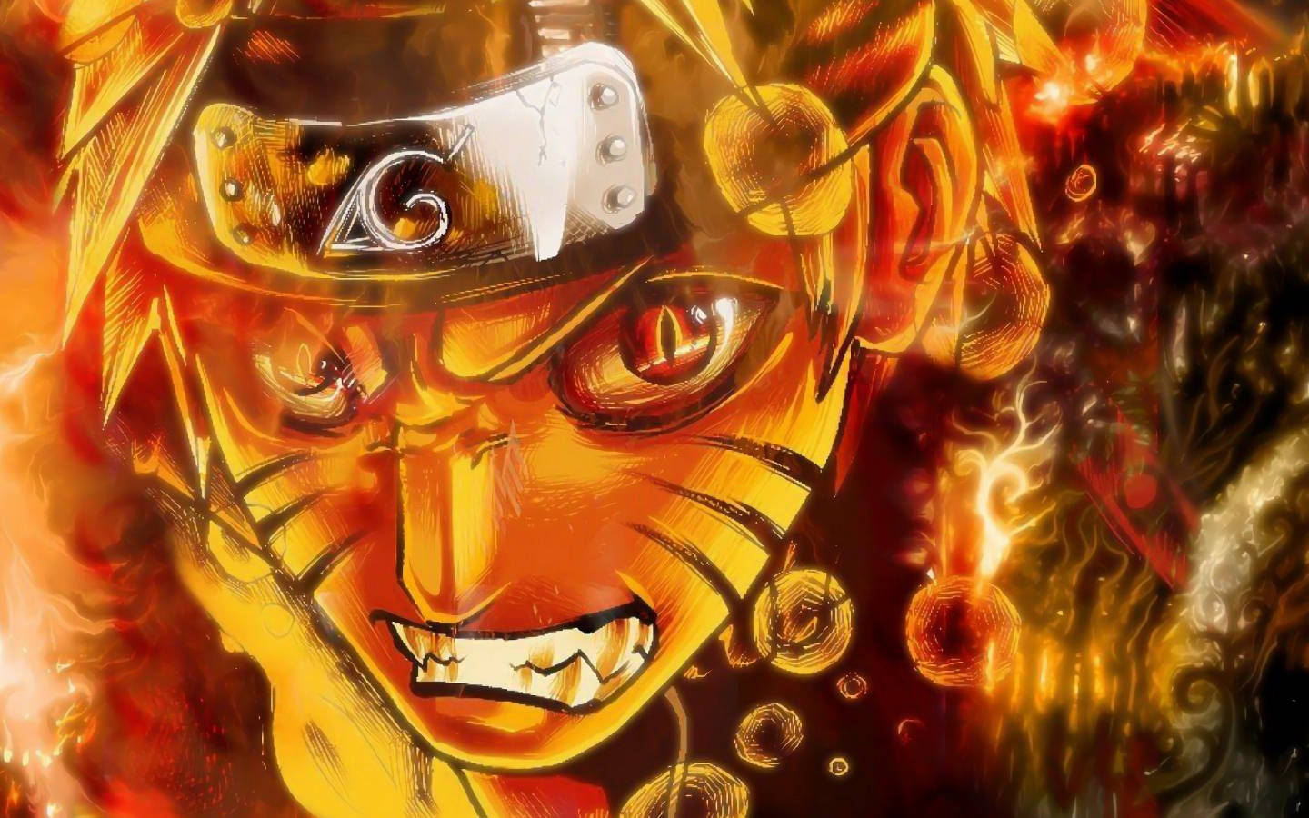 重子模式鳴人同人插畫 壁紙 — 一個火熱的動漫角色，擁有發光的紅色眼睛和堅定的笑容，被旋轉的火焰和金色能量包圍。