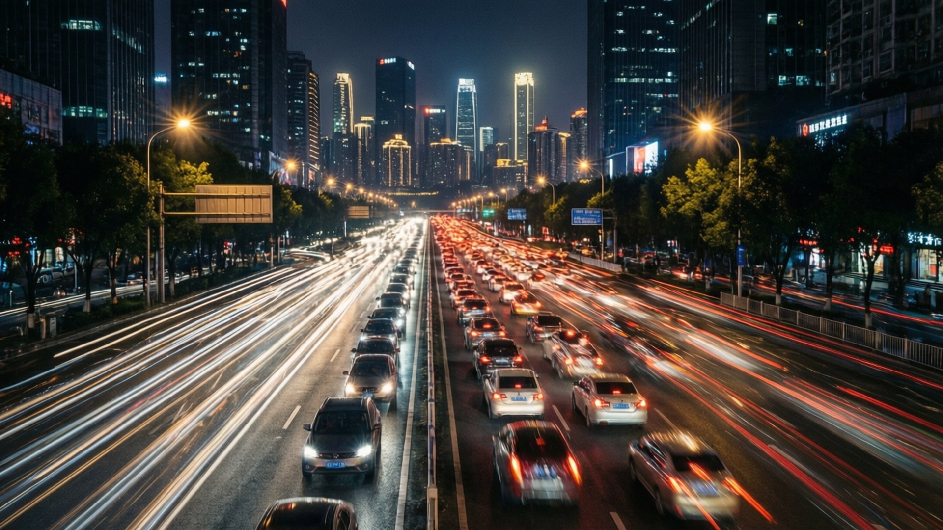 夜間城市高速公路，帶有汽車燈光流動和高聳的發光建築
