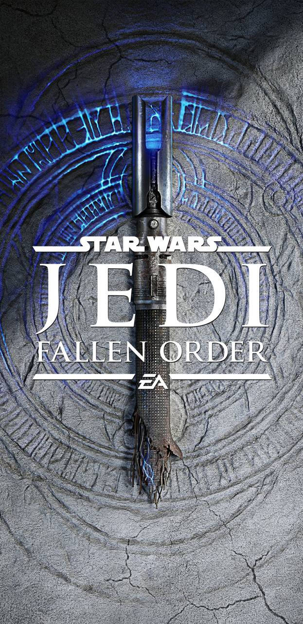 一把藍色光劍嵌入裂開的石頭中，帶有Star Wars Jedi Fallen Order文字。