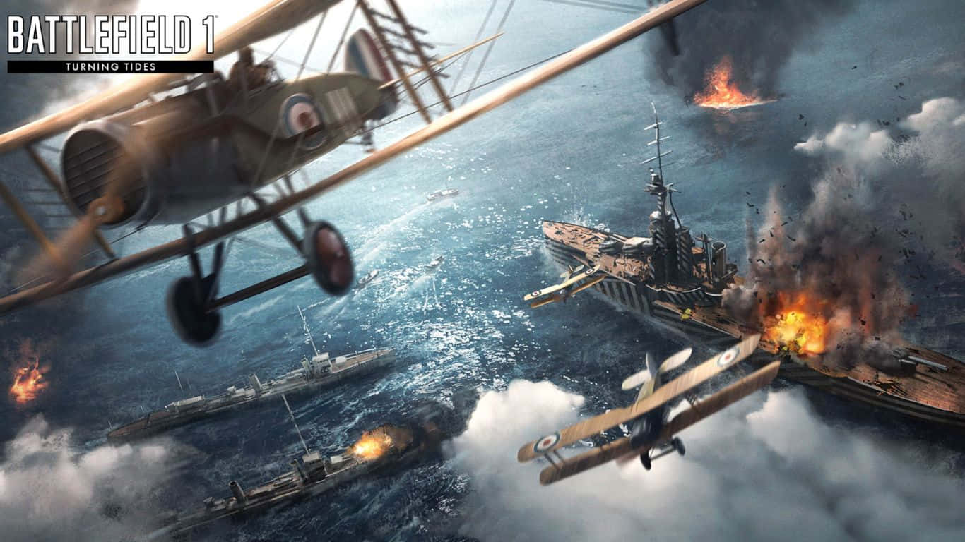 戰機在激烈的海戰中飛越燃燒的海軍艦艇。