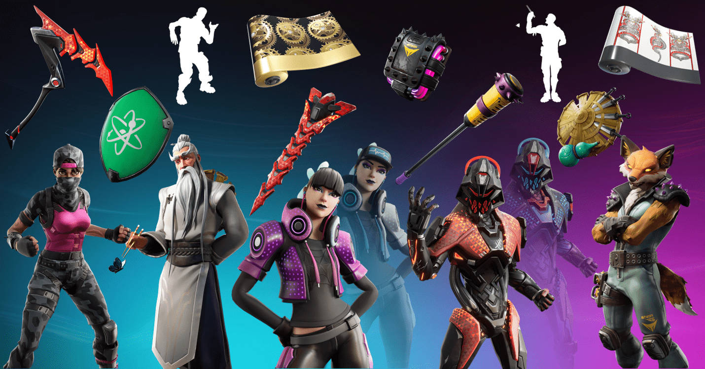 Fortnite角色和武器漂浮在色彩繽紛的漸變背景中。
