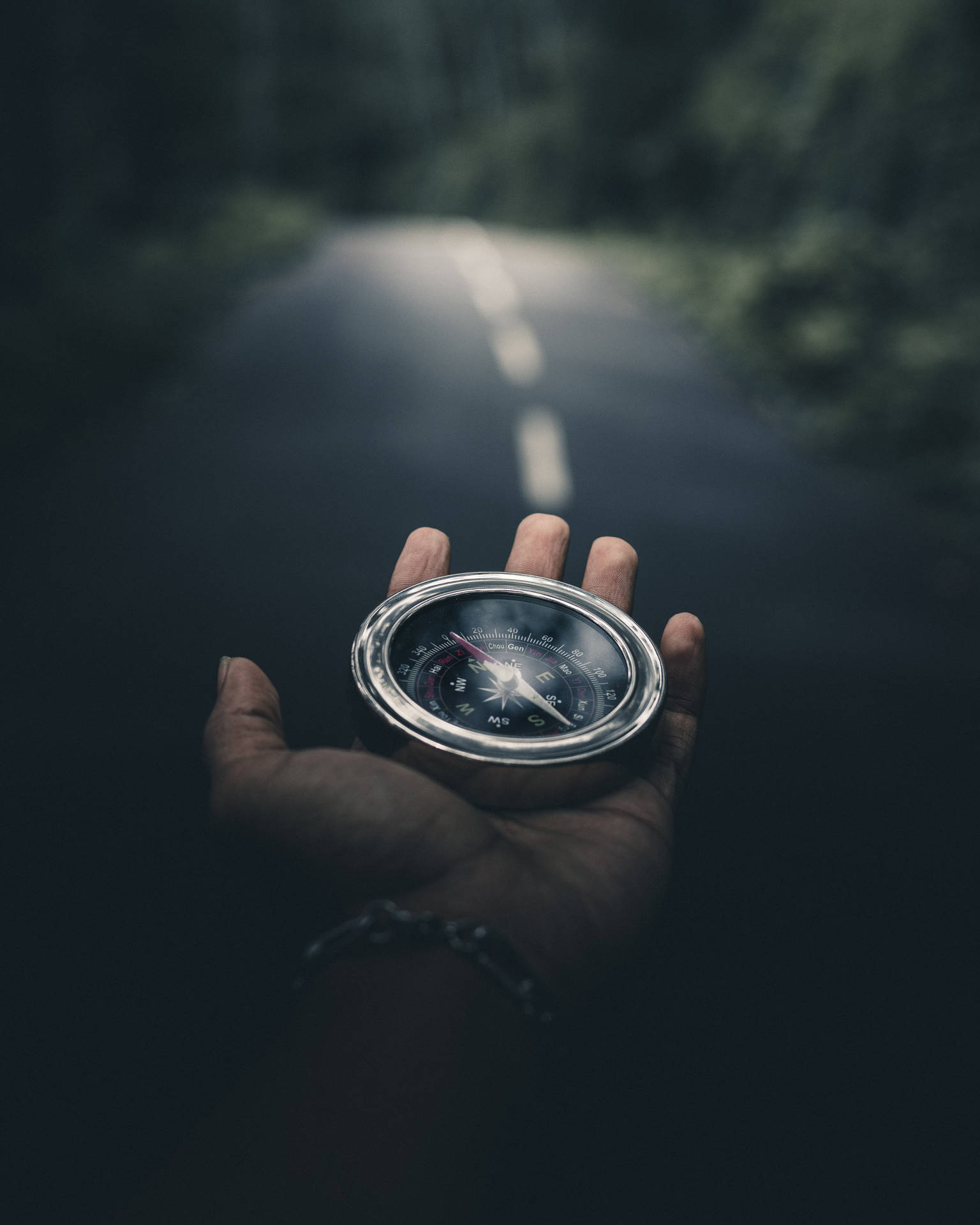 在森林道路上手持指南針，黃昏