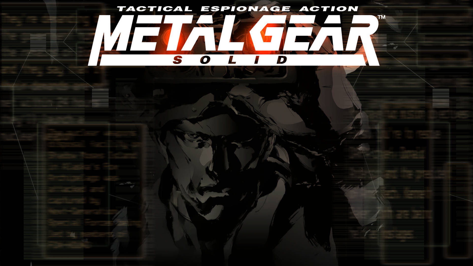 Metal Gear Solid 遊戲標誌，帶有戴面具士兵的剪影，背景為數位螢幕。