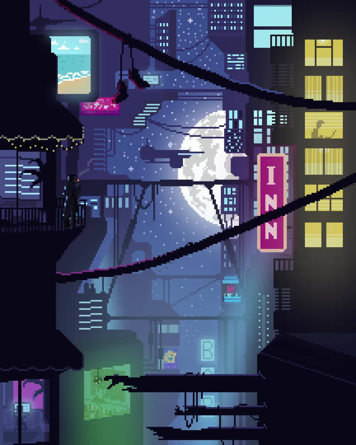 像素化的城市夜景，帶有霓虹燈和滿月。