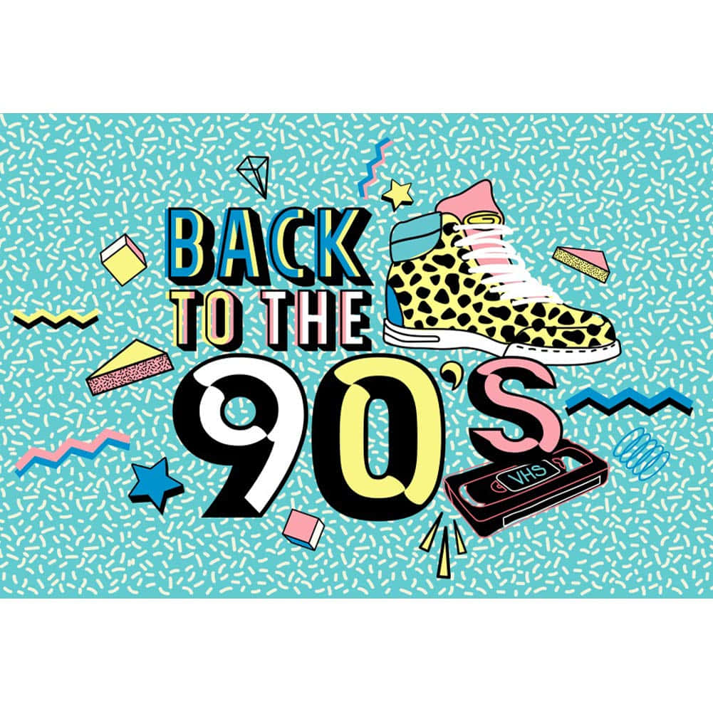 重溫經典90年代風格 壁紙 — 充滿活力的90年代復古圖案，豹紋運動鞋VHS錄影帶和幾何形狀在斑點青綠色背景上。