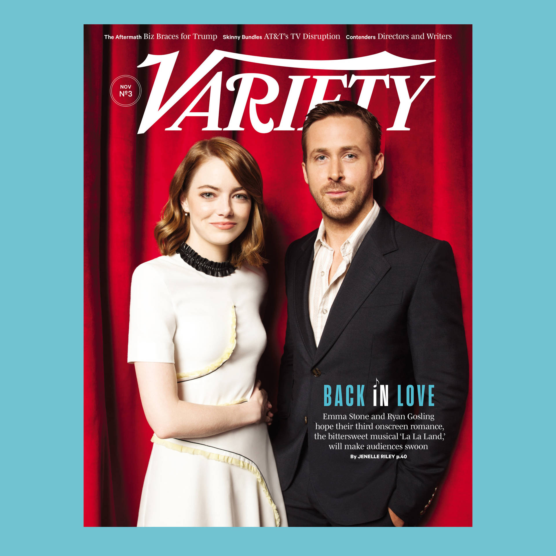 愛瑪史東與賴恩高斯寧在紅色窗簾背景前登上《Variety》雜誌封面。